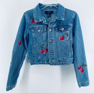Forever 21 Medium Wash Denim Jacket with Embroidered  Red Cherries Women's S